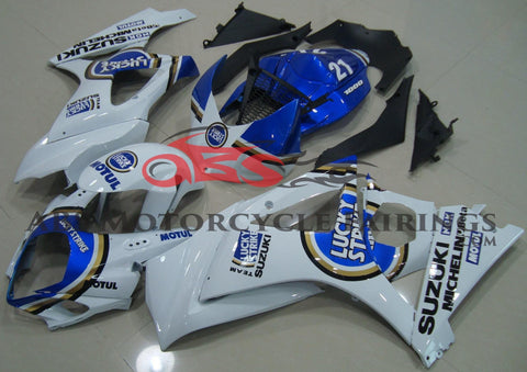 White and Blue Lucky Strike Fairing Kit for a 2007 & 2008 Suzuki GSX-R1000 motorcycle