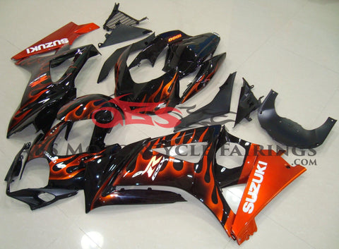 Black and Orange Flame Fairing Kit for a 2007 & 2008 Suzuki GSX-R1000 motorcycle