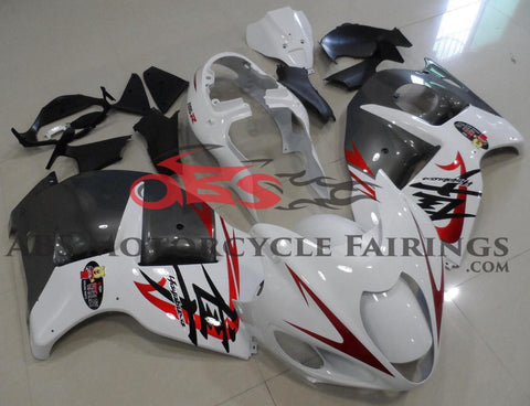 White, Gray & Candy Apple Red Fairing Kit for a 1999, 2000, 2001, 2002, 2003, 2004, 2005, 2006, & 2007 Suzuki GSX-R1300 Hayabusa motorcycle