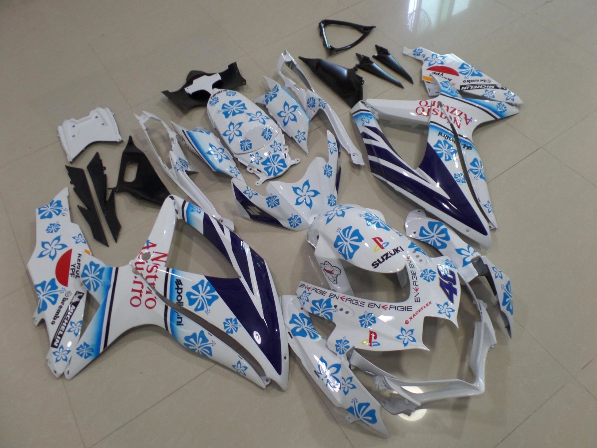 White and Blue Flower Nastro Azurro Fairing Kit for a 2008, 2009 & 2010 Suzuki GSX-R750 motorcycle