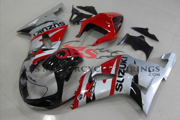Silver, Red and Black Fairing Kit for a 2000, 2001, 2002 & 2003 Suzuki GSX-R750 motorcycle.