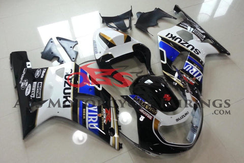 Black, White, Blue and Gold VIRU Fairing Kit for a 2000, 2001, 2002 & 2003 Suzuki GSX-R750 motorcycle