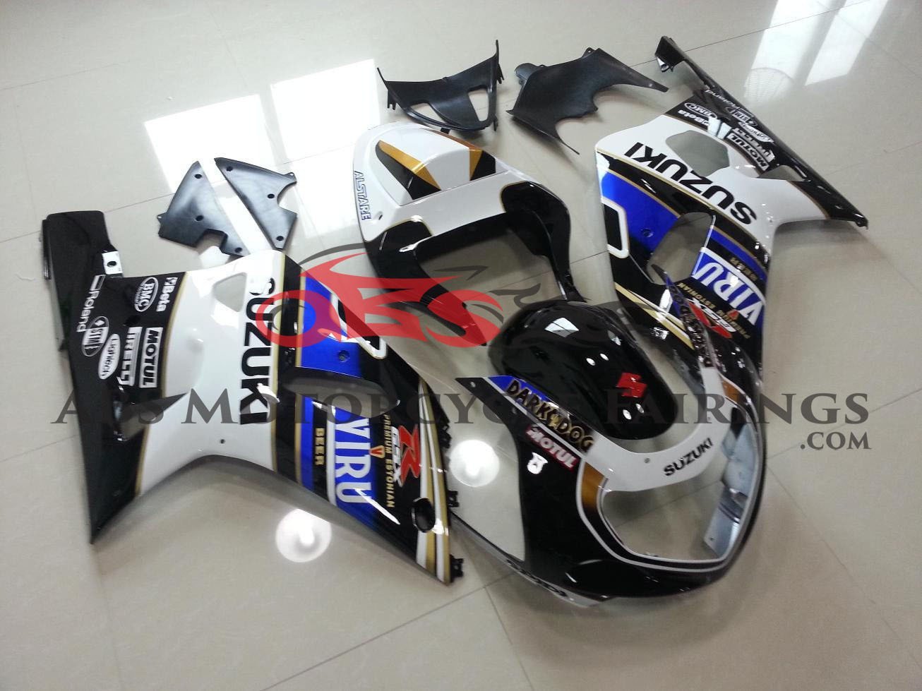 Black, White, Blue and Gold Fairing Kit for a 2000, 2001, 2002 & 2003 Suzuki GSX-R600 motorcycle