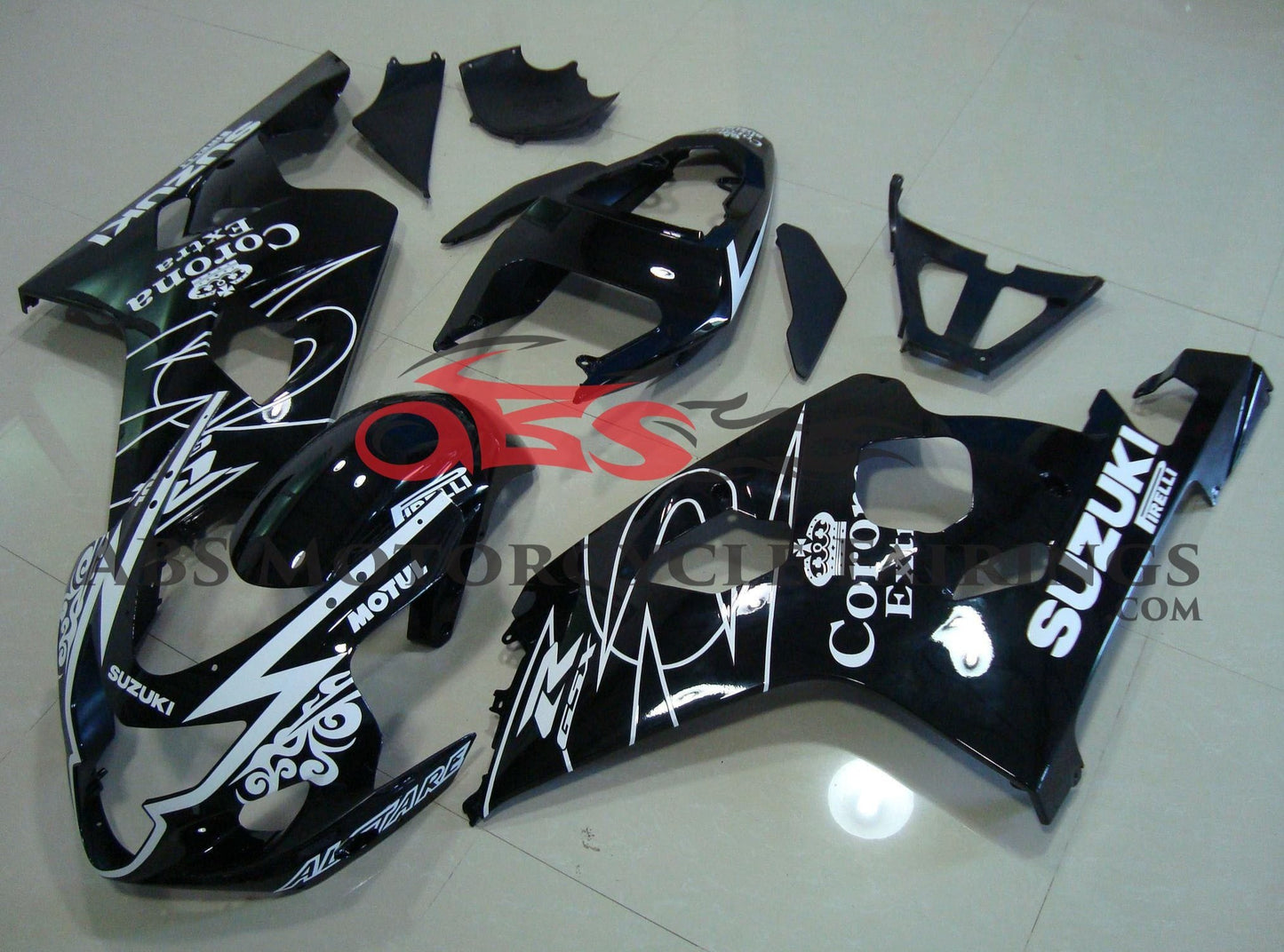 Black and White Corona Fairing Kit for a 2004 & 2005 Suzuki GSX-R600 motorcycle