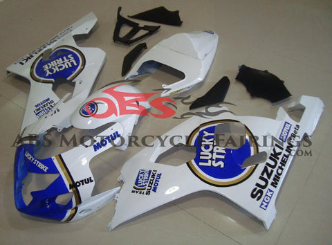 White and Blue Lucky Strike Fairing Kit for a 2004 & 2005 Suzuki GSX-R750 motorcycle