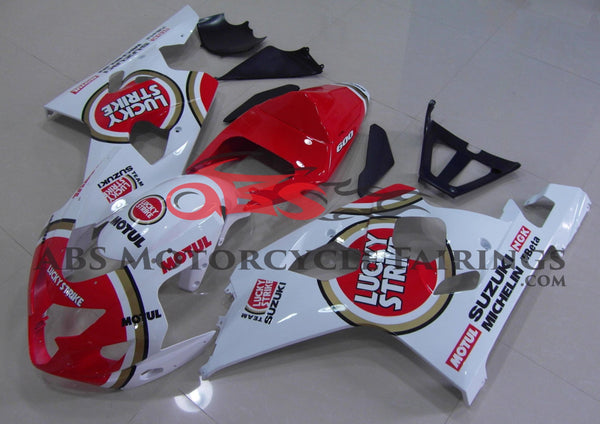 White and Red Lucky Strike Fairing Kit for a 2004 & 2005 Suzuki GSX-R600 motorcycle