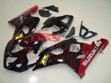 Black and Candy Apple Red Flame Fairing Kit for a 2004 & 2005 Suzuki GSX-R600 motorcycle