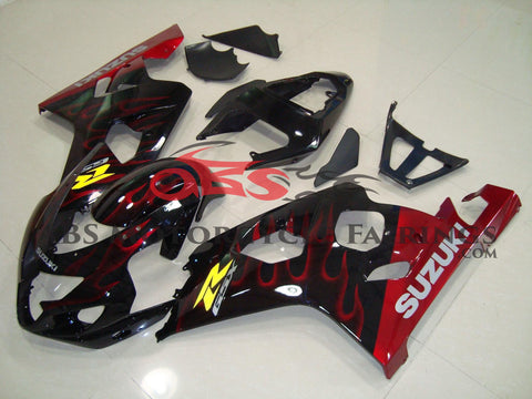 Black and Candy Apple Red Flame Fairing Kit for a 2004 & 2005 Suzuki GSX-R750 motorcycle