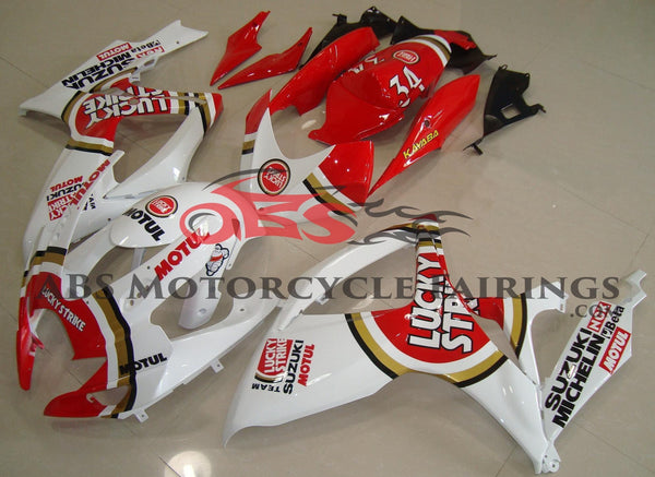 White and Red Lucky Strike Fairing Kit for a 2006 & 2007 Suzuki GSX-R600 motorcycle