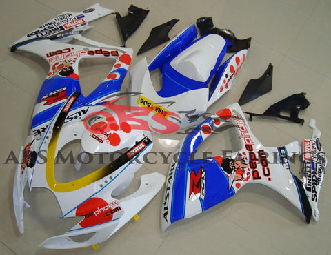 White, Blue and Red Pepe Phone Fairing Kit for a 2006 & 2007 Suzuki GSX-R600 motorcycle