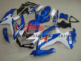 White and Blue Fairing Kit for a 2008, 2009 & 2010 Suzuki GSX-R750 motorcycle.