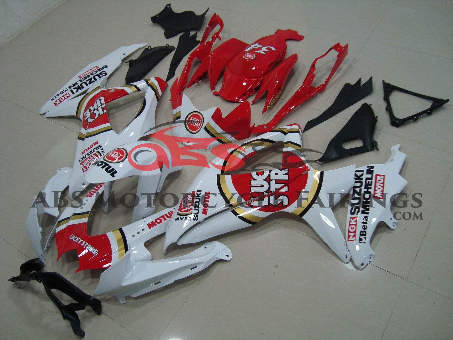 White and Red Lucky Strike Fairing Kit for a 2008, 2009 & 2010 Suzuki GSX-R750 motorcycle