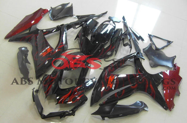 Black and Candy Apple Red Flame Fairing Kit for a 2008, 2009 & 2010 Suzuki GSX-R750 motorcycle