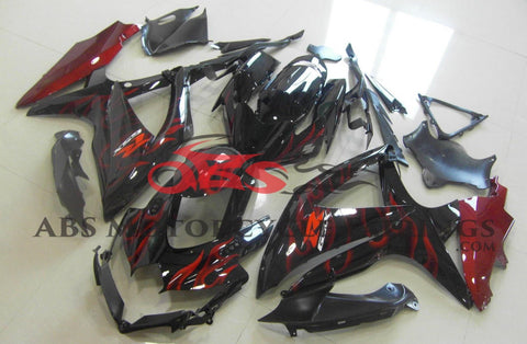 Black and Candy Apple Red Flame Fairing Kit for a 2008, 2009, & 2010 Suzuki GSX-R600 motorcycle