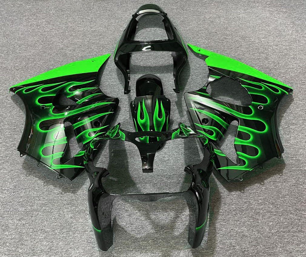 Black and Green Flame Fairing Kit for a 2000, 2001 & 2002 Kawasaki ZX-6R 636 motorcycle