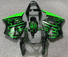 Black and Green Flame Fairing Kit for a 2000, 2001 & 2002 Kawasaki ZX-6R 636 motorcycle