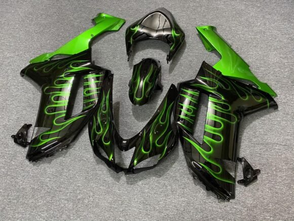 Black and Green Flame Fairing Kit for a 2007 & 2008 Kawasaki Ninja ZX-6R 636 motorcycle