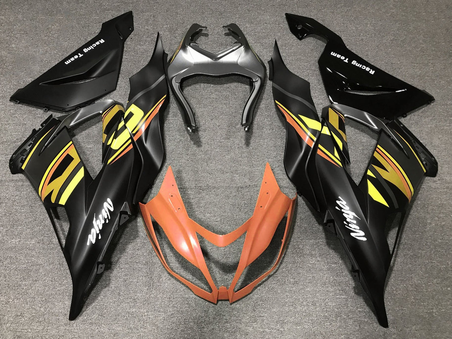 Matte Black, Matte Orange and Matte Yellow Fairing Kit for a 2013, 2014, 2015, 2016, 2017 & 2018 Kawasaki ZX-6R 636 motorcycle