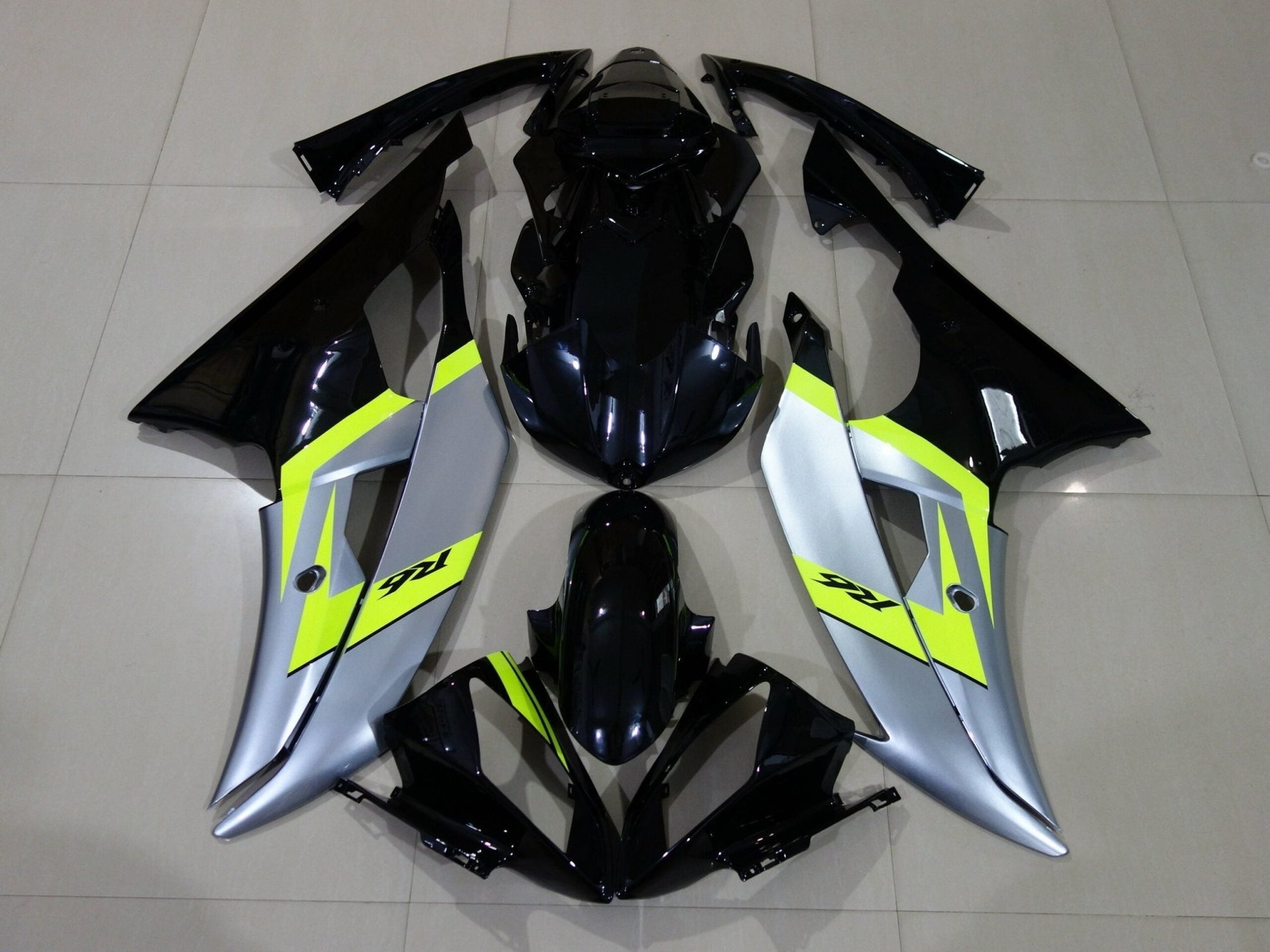 Black, Silver and Neon Yellow Fairing Kit for a 2008, 2009, 2010, 2011, 2012, 2013, 2014, 2015 & 2016 Yamaha YZF-R6 motorcycle