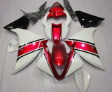 White, Metallic Red and Black Fairing Kit for a 2012, 2013 & 2014 Yamaha YZF-R1 motorcycle