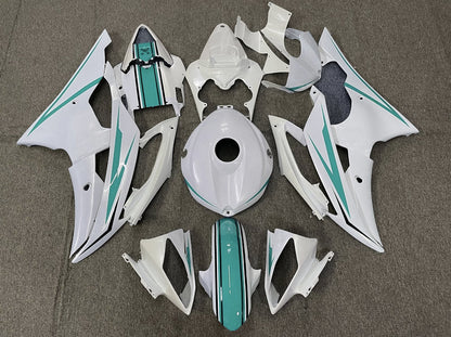 White and Turquoise Fairing Kit for a 2008, 2009, 2010, 2011, 2012, 2013, 2014, 2015 & 2016 Yamaha YZF-R6 motorcycle