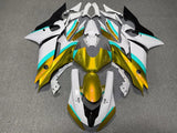 White, Gold, Turquoise Blue and Black Fairing Kit for a 2017, 2018, 2019 & 2020 Yamaha YZF-R6 motorcycle