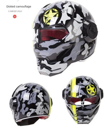 Matte Gray, Black and Yellow Star Camouflage Iron Man Full Face Modular Motorcycle Helmet is brought to you by KingsMotorcycleFairings.com