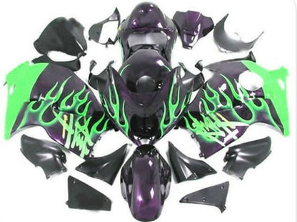 Black and Green Flame Fairing Kit for a 1999, 2000, 2001, 2002, 2003, 2004, 2005, 2006, & 2007 Suzuki GSX-R1300 Hayabusa motorcycle