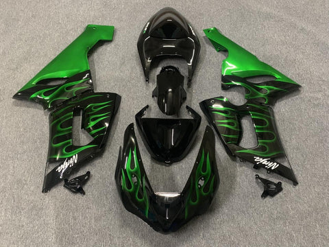 Black and Green Flame Fairing Kit for a 2005 & 2006 Kawasaki ZX-6R 636 motorcycle