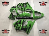 Green and Black Flame Fairing Kit for a 2000, 2001 & 2002 Kawasaki ZX-6R 636 motorcycle