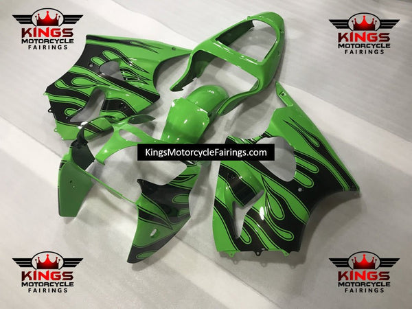 Fairing kit for a Kawasaki ZX6R 636 (2000-2002) Green & Black Flames