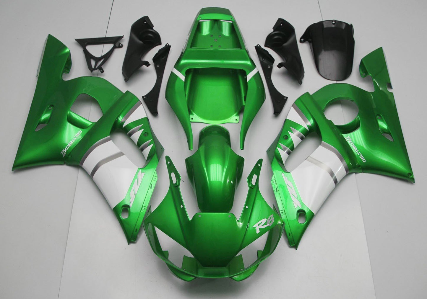 Green, White and Silver Fairing Kit for a 1998, 1999, 2000, 2001 & 2002 Yamaha YZF-R6 motorcycle