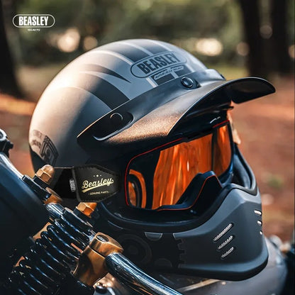 Matte Silver and Black Skull & Gear Beasley Open-Face Motorcycle Helmet is brought to you by KingsMotorcycleFairings.com