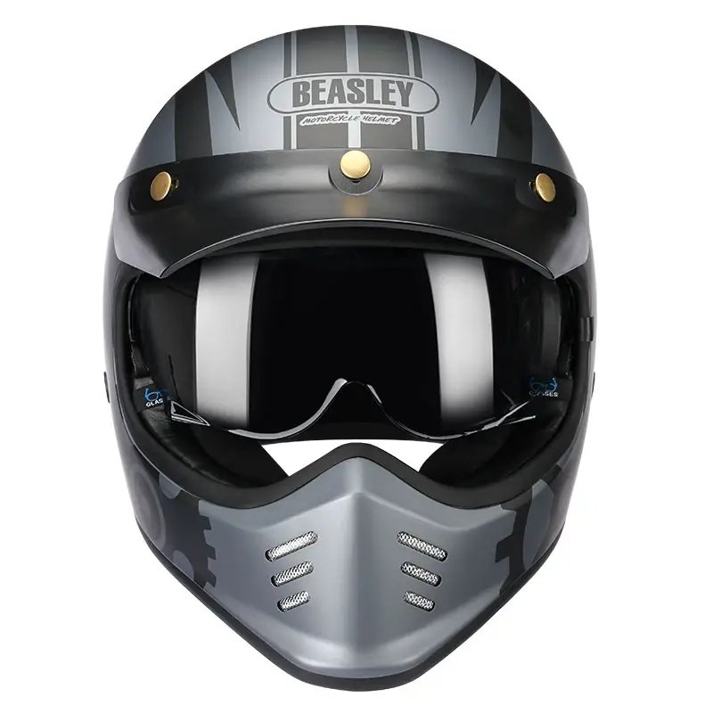 Matte Silver and Black Skull & Gear Beasley Open-Face Motorcycle Helmet is brought to you by KingsMotorcycleFairings.com