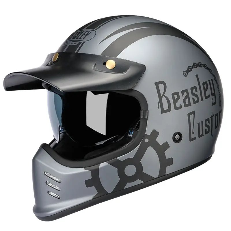 Matte Silver and Black Skull & Gear Beasley Open-Face Motorcycle Helmet is brought to you by KingsMotorcycleFairings.com