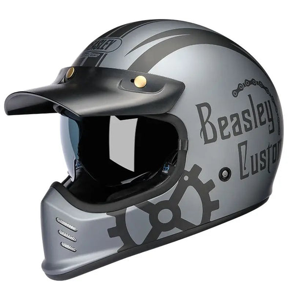 Matte Silver and Black Skull & Gear Beasley Open-Face Motorcycle Helmet is brought to you by KingsMotorcycleFairings.com