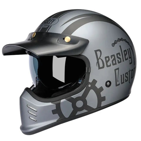 Matte Silver and Black Skull & Gear Beasley Open-Face Motorcycle Helmet is brought to you by KingsMotorcycleFairings.com