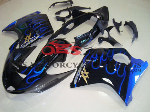 HONDA CBR1100XX Super Blackbird Fairings (1996-2007) Black, Gold, Blue Flame at KingsMotorcycleFairings.com
