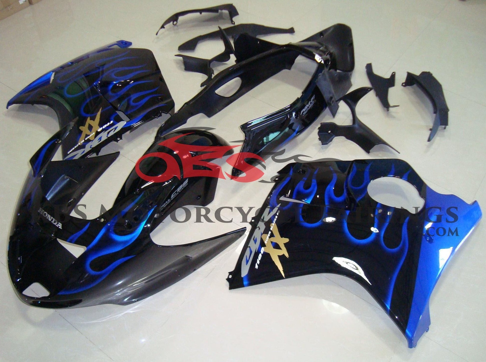 HONDA CBR1100XX Super Blackbird Fairings (1996-2007) Black, Gold, Blue Flame from KingsMotorcycleFairings.com