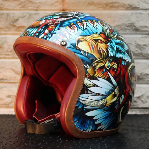 Hand Painted Lion Warrior Retro Motorcycle Helmet is brought to you by KingsMotorcycleFairings.com