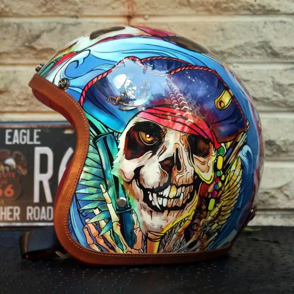 Hand Painted Motorcycle Helmet Blue Skull Pirate Kings