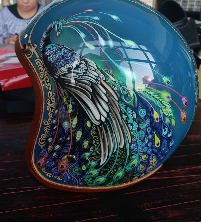 Hand Painted Motorcycle Helmet | Blue Peacock Hand Painted Motorcycle Helmet | Blue Peacock