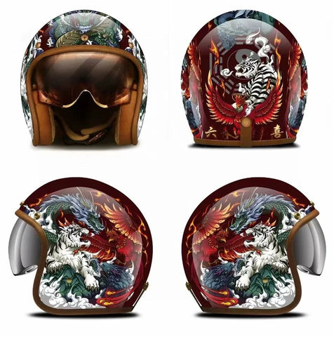 Hand Painted Tiger, Dragon & Phoenix Retro Motorcycle Helmet is brought to you by KingsMotorcycleFairings.com