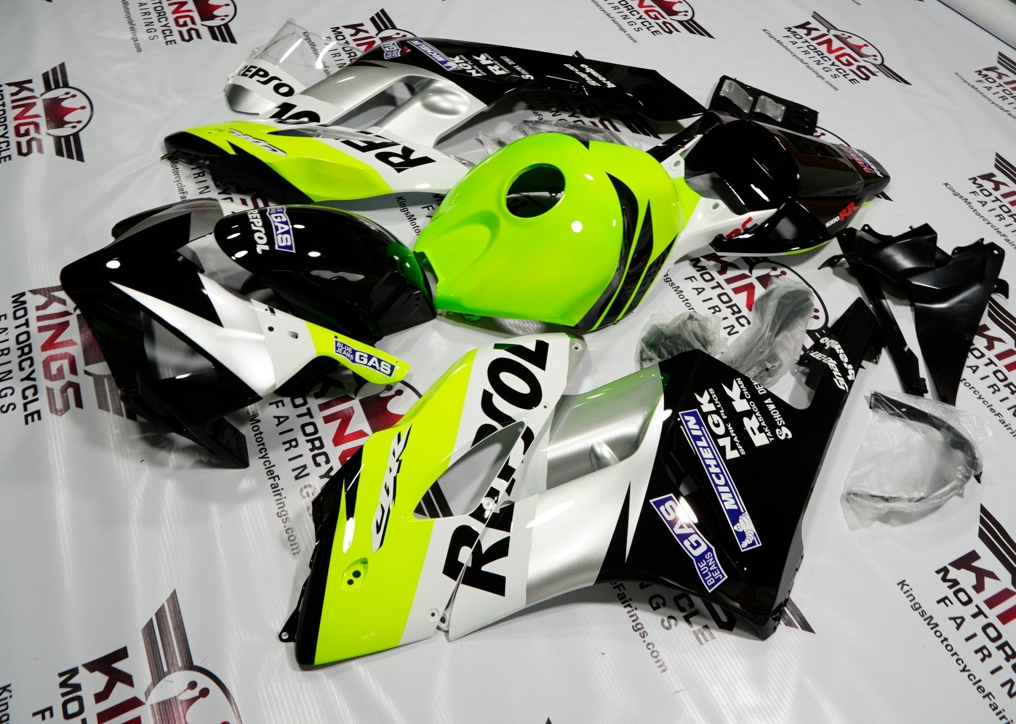 Honda CBR1000RR (2004-2005) Neon Yellow, Black & Silver Repsol Fairings at KingsMotorcycleFairings.com