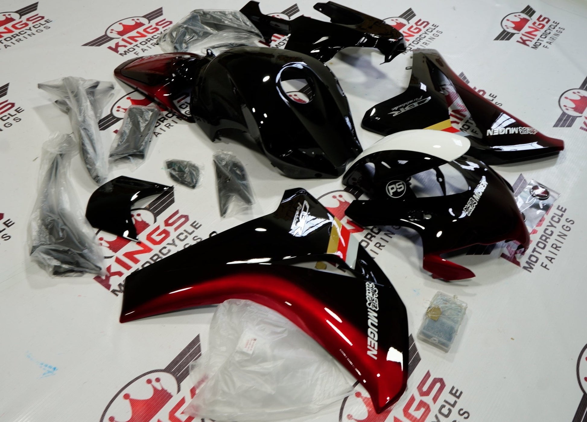 Black, Red and White Mugen Fairing Kit for a 2008, 2009, 2010 & 2011 Honda CBR1000RR motorcycle