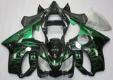 Black and Green Flames Fairing Kit for a 2001, 2002, 2003 Honda CBR600F4i motorcycle