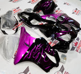 Black and Purple Flames Fairing Kit for a 2001, 2002, 2003 Honda CBR600F4i motorcycle.