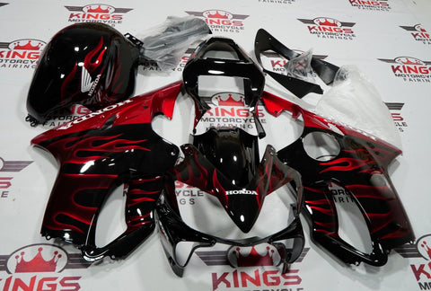 Black with Candy Apple Red Flames Fairing Kit for a 2001, 2002, 2003 Honda CBR600F4i motorcycle by KingsMotorcycleFairings.com