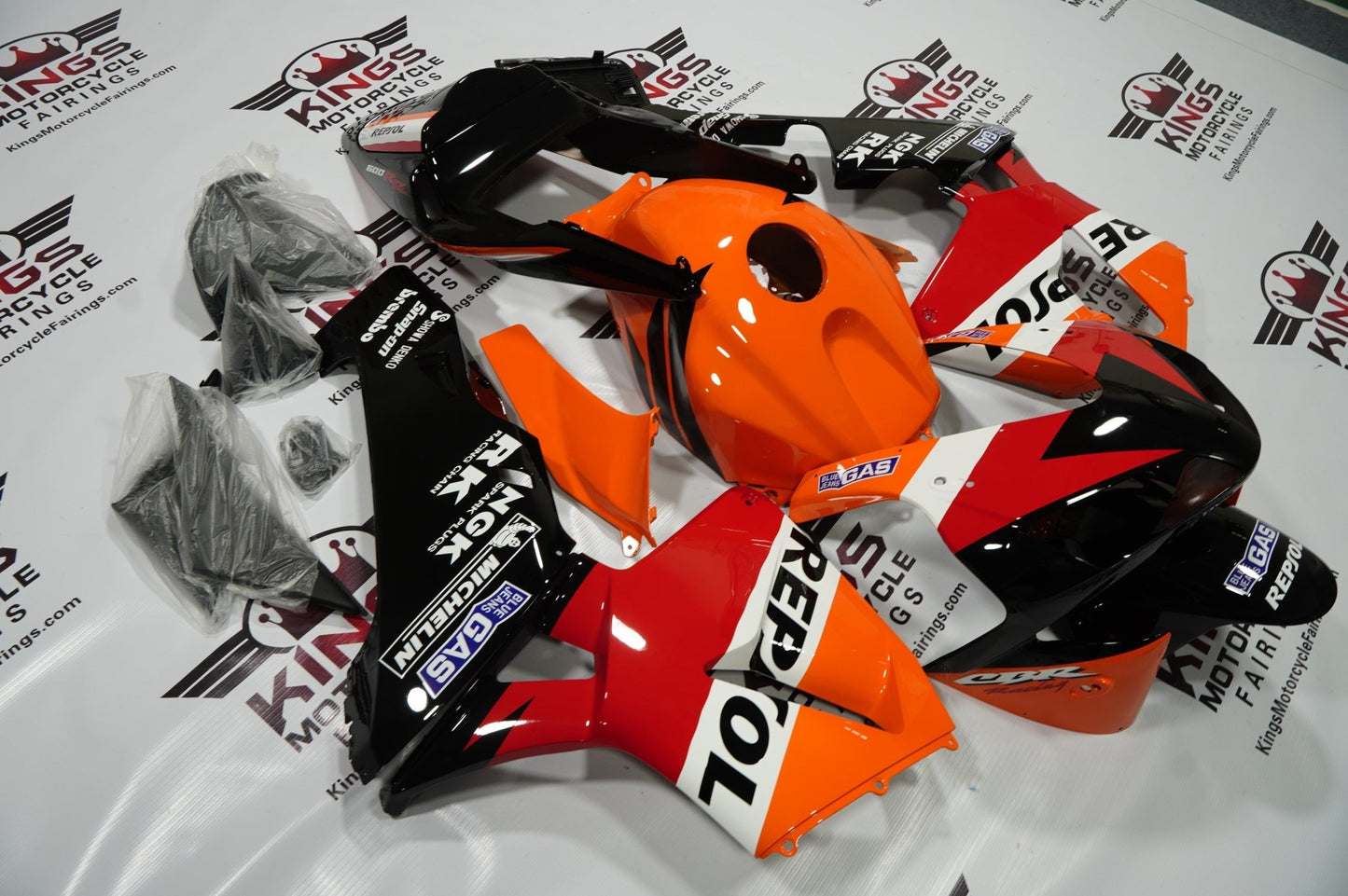 Honda CBR600RR (2003-2004) Black, Orange, White & Red Repsol Fairings at KingsMotorcycleFairings.com