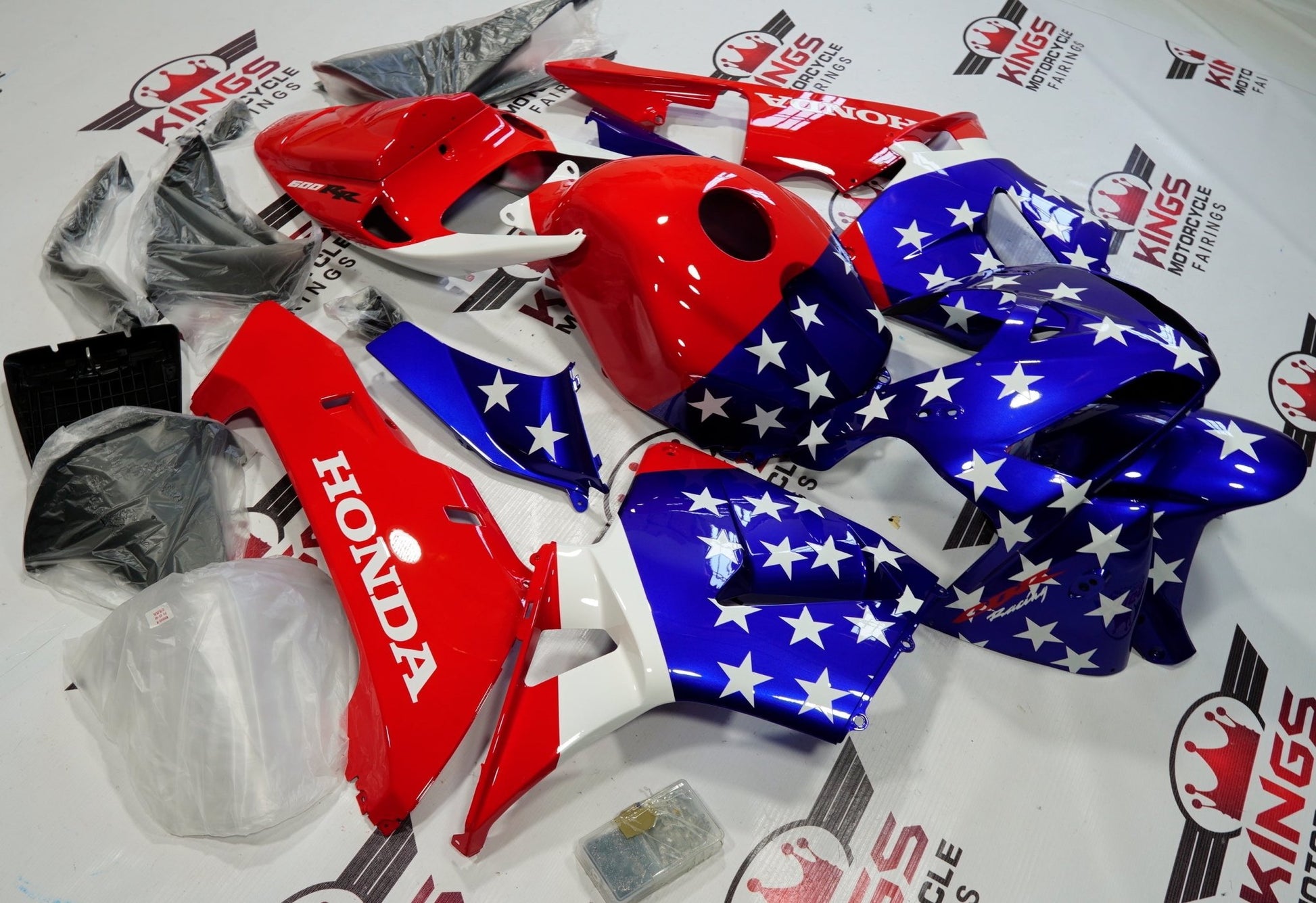 Red, White and Blue American Flag Fairing Kit for a 2005, 2006 Honda CBR600RR motorcycle at KingsMotorcycleFairings.com